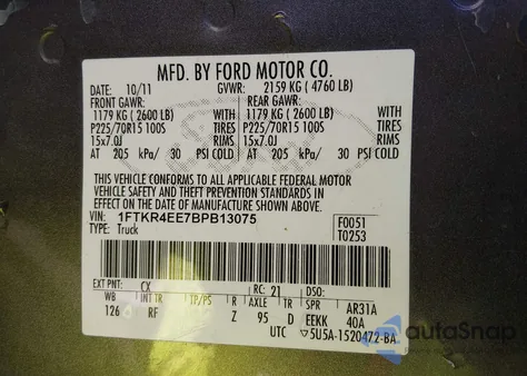 2011 Ford Ranger Xlt z USA, uszkodzony, nr VIN 1FTKR4EE7BPB13075